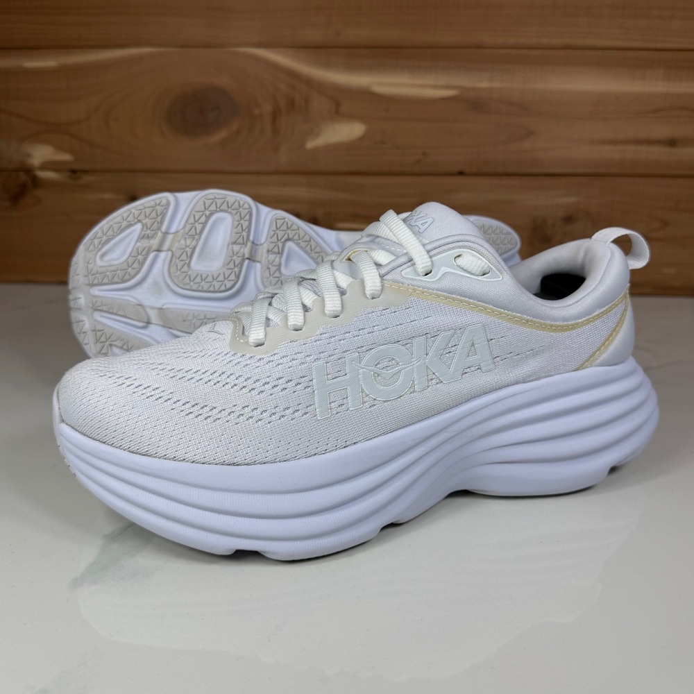 Hoka One One White Athletic Running Shoes with Subtle Gold Trim
